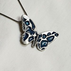 VTG Silver Tone Blue Glitter Butterfly Necklace